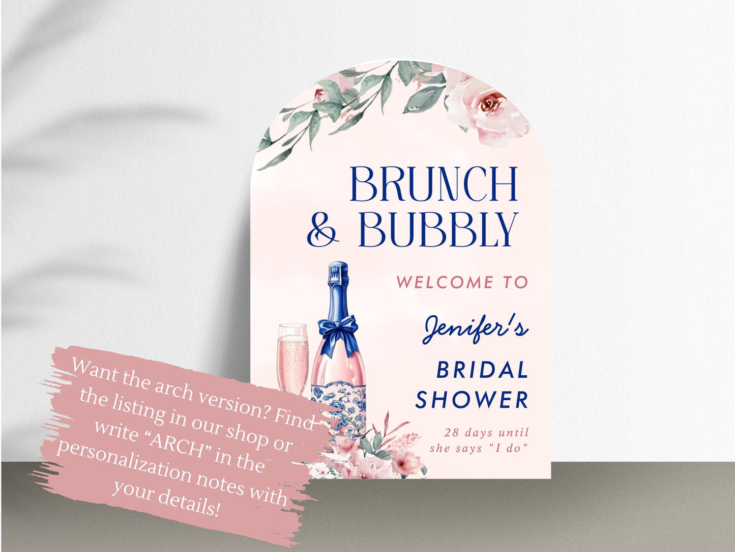 Printed Brunch and Bubbly Bridal Shower Welcome Sign, Pink Champagne & Blue Bows, Custom Bridal Foam Board, Floral Wedding Party Decor