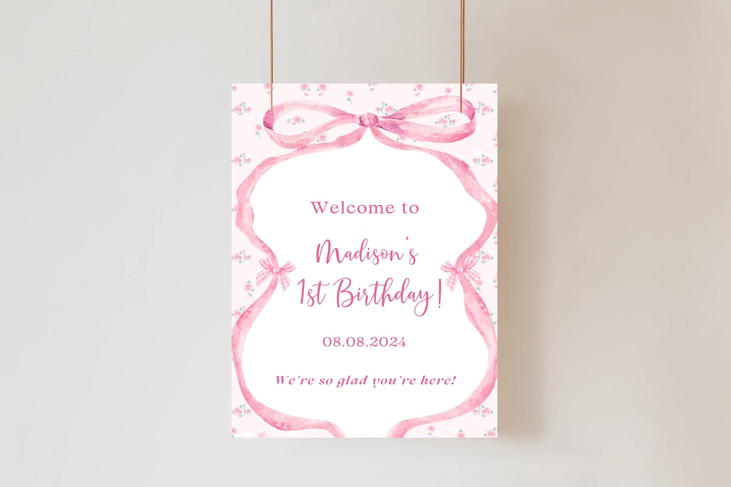 Printed Pink Ribbon 1st Birthday Foam Board Welcome Sign, Girl Party Foam Board, Floral Bow Theme, Personalized Name Poster Birthday Decor