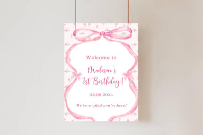 Printed Pink Ribbon 1st Birthday Foam Board Welcome Sign, Girl Party Foam Board, Floral Bow Theme, Personalized Name Poster Birthday Decor