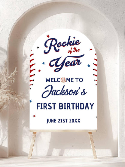 Printed Arch Baseball Rookie of the Year 1st Birthday Welcome Sign, Custom Foam Board Birthday Decor, Boy First Custom Birthday Sports Theme