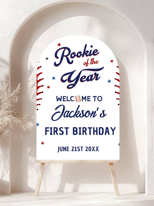 Printed Arch Baseball Rookie of the Year 1st Birthday Welcome Sign, Custom Foam Board Birthday Decor, Boy First Custom Birthday Sports Theme