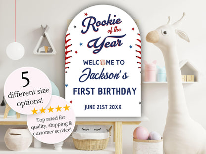 Printed Arch Baseball Rookie of the Year 1st Birthday Welcome Sign, Custom Foam Board Birthday Decor, Boy First Custom Birthday Sports Theme