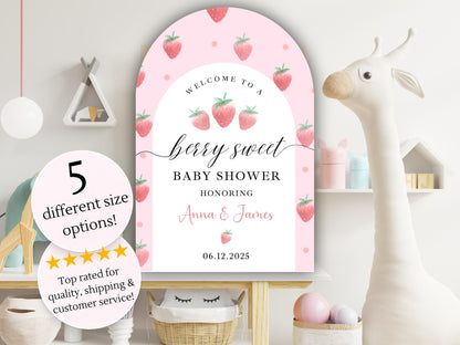 Printed Arch Berry Sweet Baby Shower Welcome Sign with Strawberries, Custom Name Foam Board, Pink Summer Party Decor Sign, Berry Sweet Decor