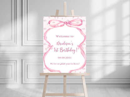 Printed Pink Ribbon 1st Birthday Foam Board Welcome Sign, Girl Party Foam Board, Floral Bow Theme, Personalized Name Poster Birthday Decor