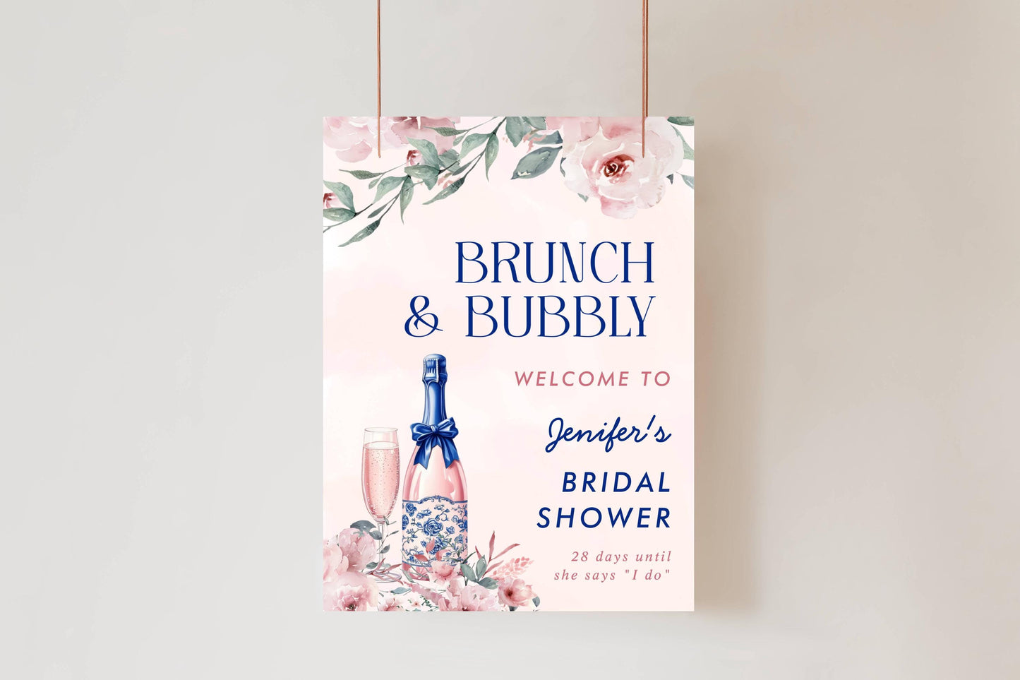 Printed Brunch and Bubbly Bridal Shower Welcome Sign, Pink Champagne & Blue Bows, Custom Bridal Foam Board, Floral Wedding Party Decor