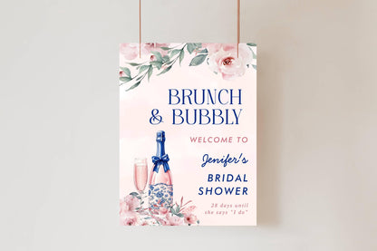 Printed Brunch and Bubbly Bridal Shower Welcome Sign, Pink Champagne & Blue Bows, Custom Bridal Foam Board, Floral Wedding Party Decor