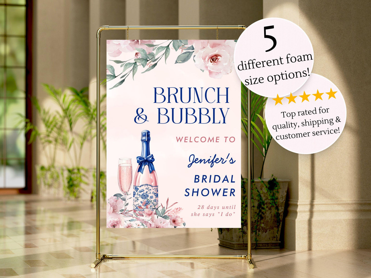 Printed Brunch and Bubbly Bridal Shower Welcome Sign, Pink Champagne & Blue Bows, Custom Bridal Foam Board, Floral Wedding Party Decor