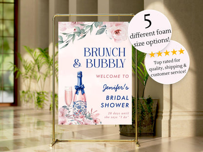 Printed Brunch and Bubbly Bridal Shower Welcome Sign, Pink Champagne & Blue Bows, Custom Bridal Foam Board, Floral Wedding Party Decor