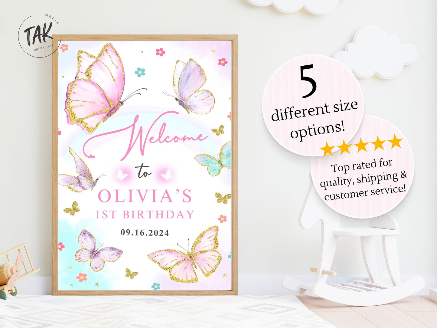 Printed Butterfly 1st Birthday Welcome Sign Foam Board Party Decor, Pink Purple Gold Glitter, Girl First Birthday Poster, Custom Welcome Art
