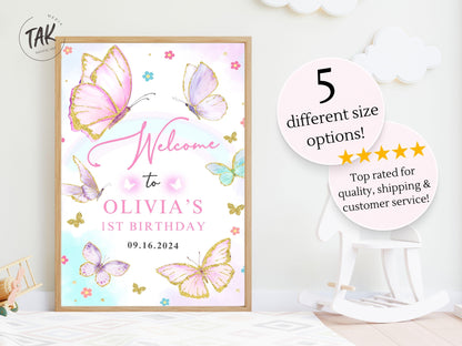 Printed Butterfly 1st Birthday Welcome Sign Foam Board Party Decor, Pink Purple Gold Glitter, Girl First Birthday Poster, Custom Welcome Art