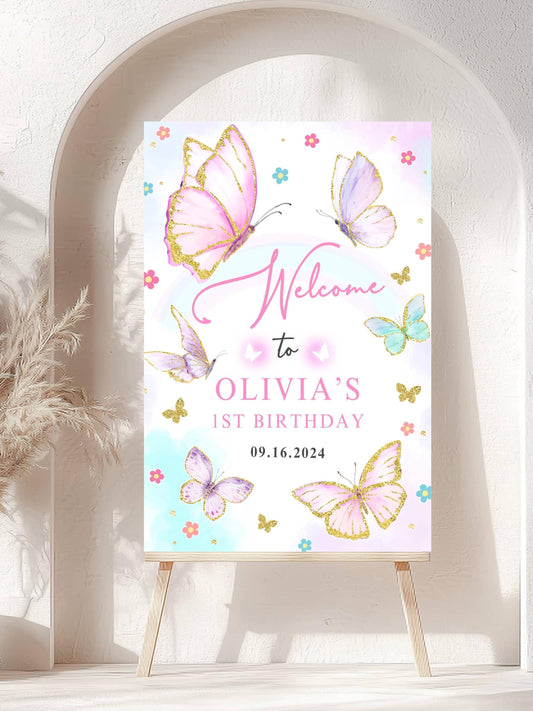 Printed Butterfly 1st Birthday Welcome Sign Foam Board Party Decor, Pink Purple Gold Glitter, Girl First Birthday Poster, Custom Welcome Art