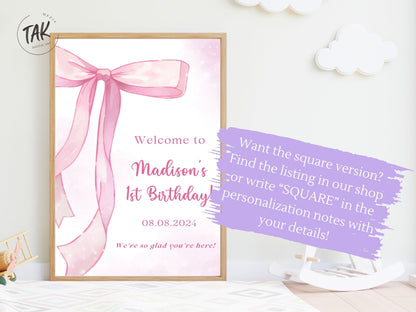 Printed Arch Pink Bow First Birthday Sign Foam Board, Elegant Girl Welcome Sign, Custom Blush Ribbon Party Decor, Printed Shipped Display