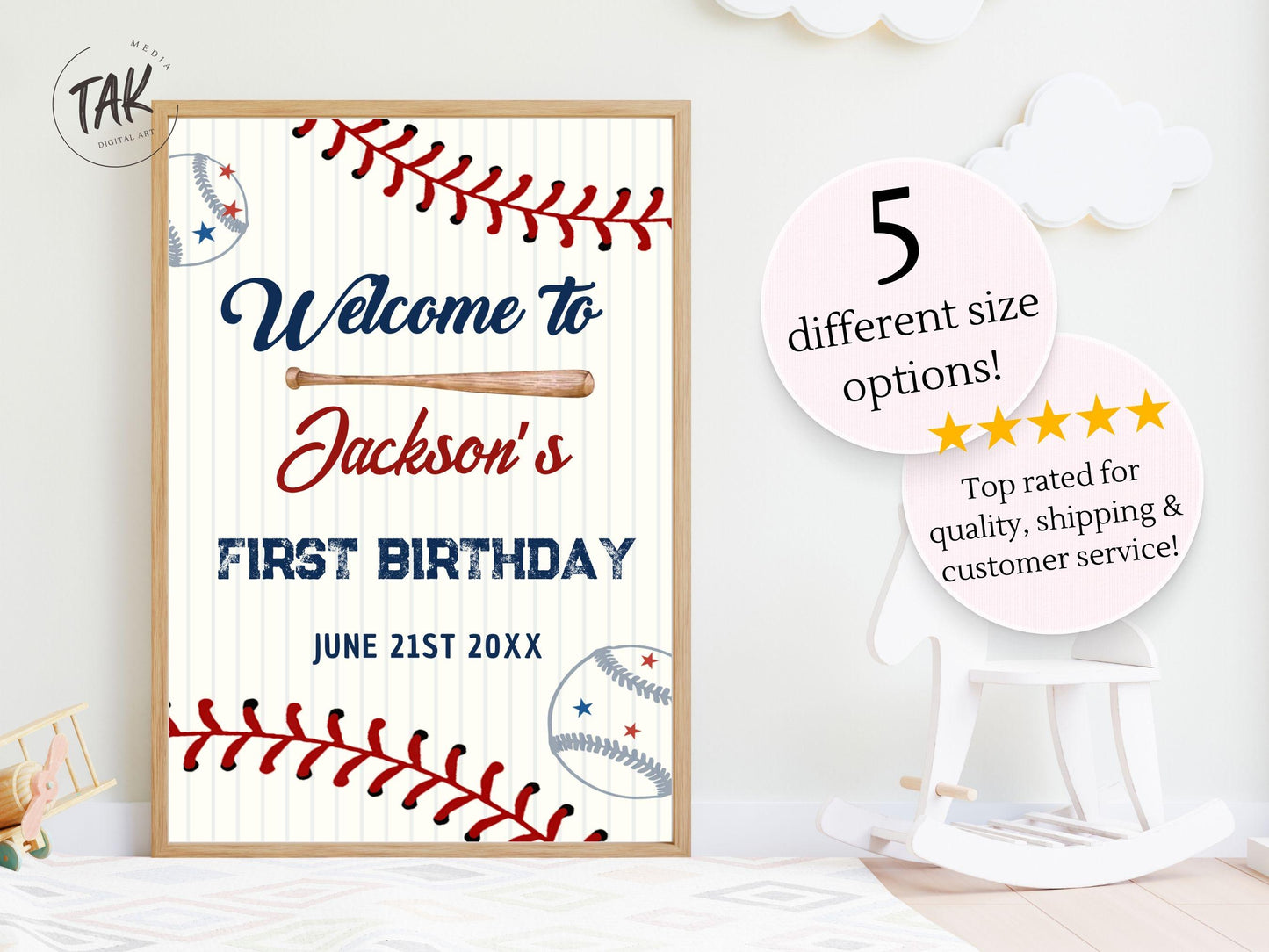 Printed Baseball Rookie of the Year 1st Birthday Welcome Sign, Custom Foam Board Birthday Decor, Boy First Birthday Sports Theme Custom Sign