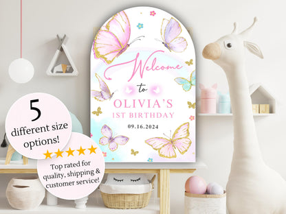 Printed Arch Butterfly 1st Birthday Welcome Sign Foam Board Party Decor, Pink Purple Gold Glitter, Girl First Birthday Poster, Custom Board