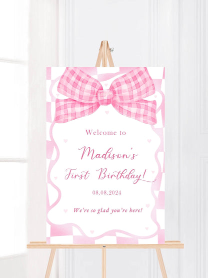 Printed Pink Ribbon 1st Birthday Foam Board Welcome Sign, Girl Party Foam Board, Floral Bow Theme, Personalized Name Poster Birthday Decor