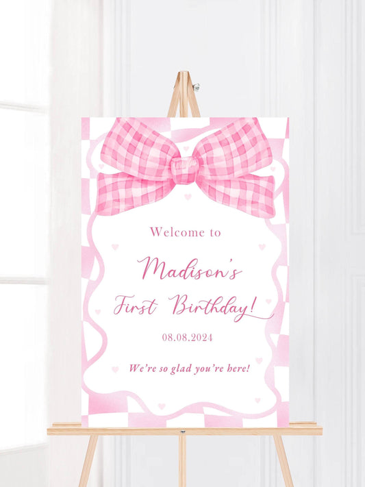 Printed Pink Ribbon 1st Birthday Foam Board Welcome Sign, Girl Party Foam Board, Floral Bow Theme, Personalized Name Poster Birthday Decor