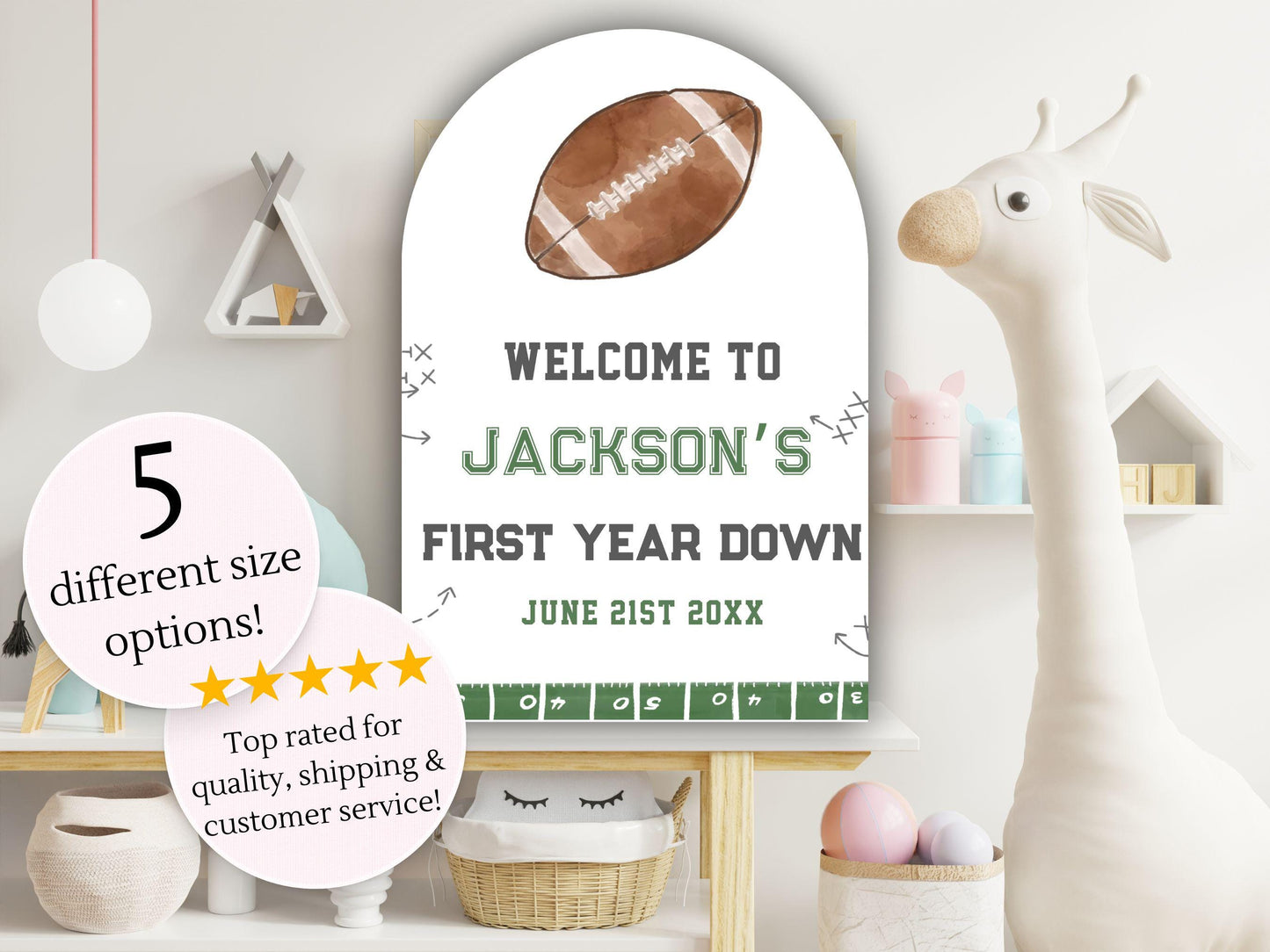 Printed Arch Football First Birthday Welcome Sign, Custom Name Kids Birthday Party Board, Sports Theme Party Foam Board, Boy Birthday Decor