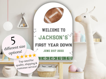 Printed Arch Football First Birthday Welcome Sign, Custom Name Kids Birthday Party Board, Sports Theme Party Foam Board, Boy Birthday Decor