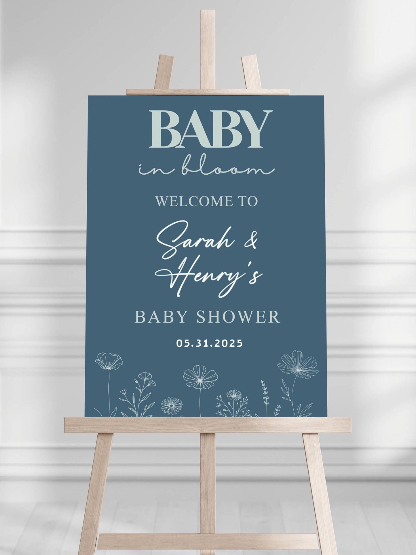 Printed Blue Baby in Bloom Baby Shower Welcome Sign with Wildflowers, Custom Name Foam Board, Modern Blue Baby Boy Decor, Personalized Sign