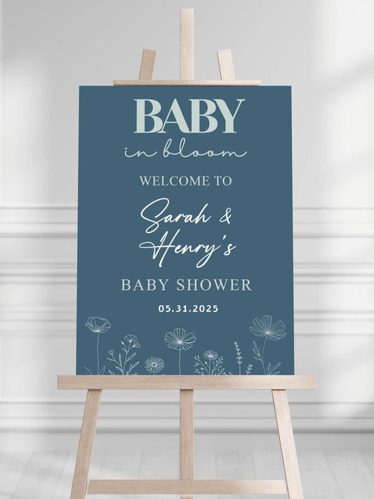 Printed Blue Baby in Bloom Baby Shower Welcome Sign with Wildflowers, Custom Name Foam Board, Modern Blue Baby Boy Decor, Personalized Sign