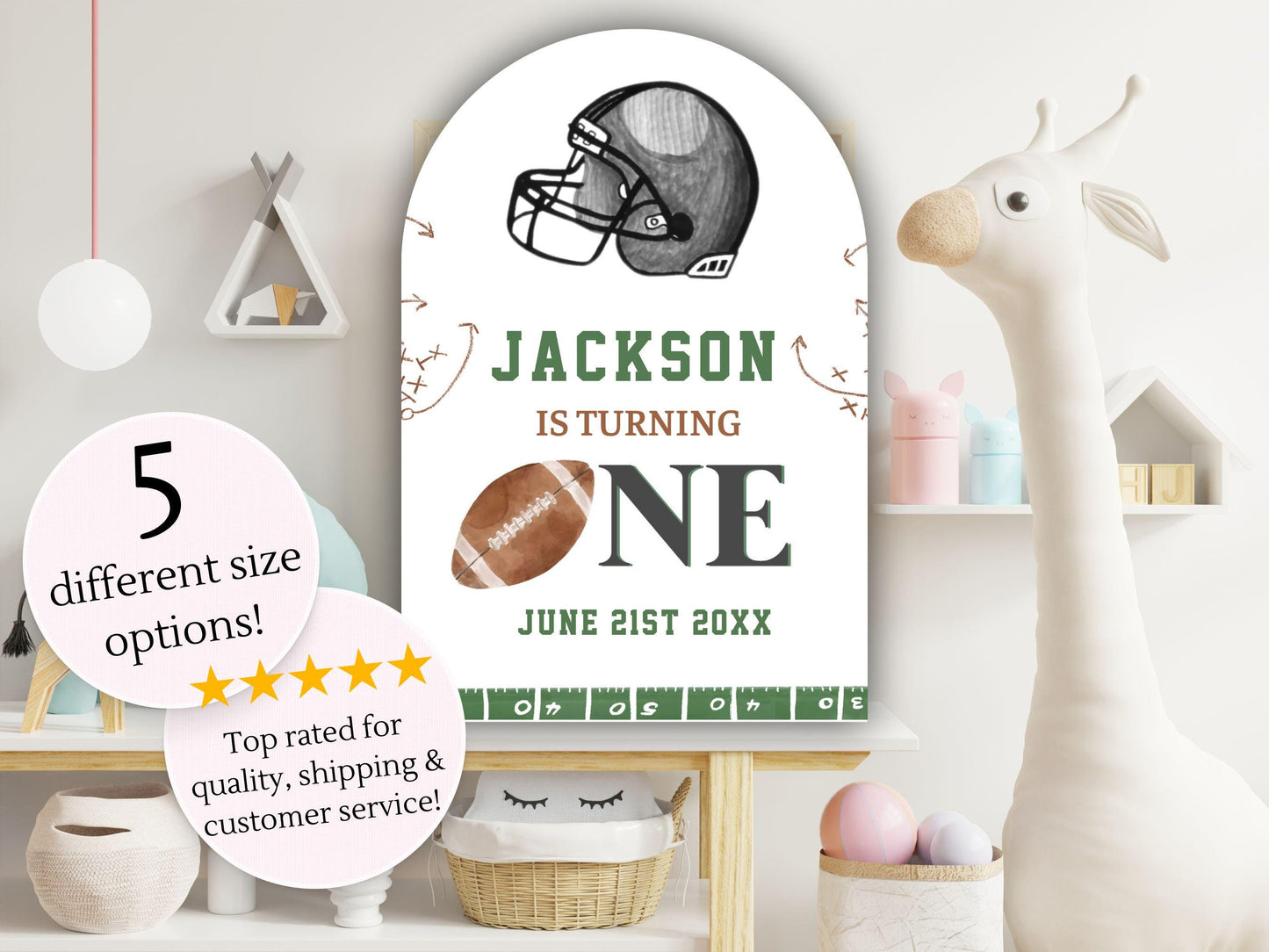 Printed Arch Football First Birthday Welcome Sign, Custom Name Kids Birthday Party Board, Sports Theme Party Foam Board, Boy Birthday Decor