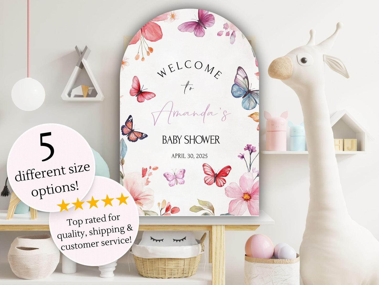 Arch Butterfly Floral Baby Shower Welcome Sign, Floral Shower Welcome, Custom Printed Gender Neutral Custom Foam Board