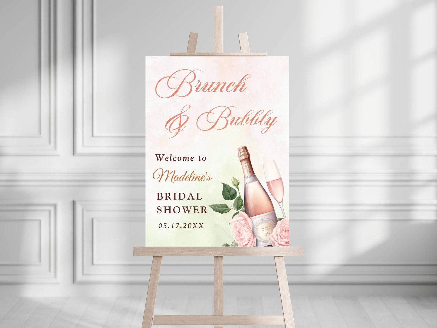 Printed Brunch and Bubbly Bridal Shower Welcome Sign with Rose Champagne, Custom Foam Board, Elegant Pink Green Bridal Brunch Decor Poster