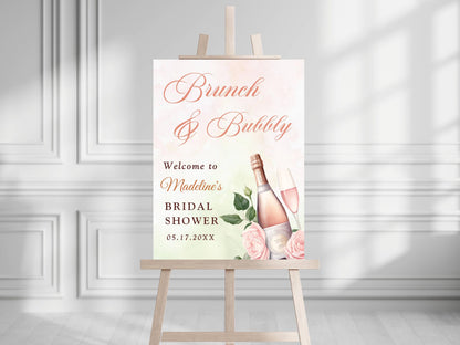 Printed Brunch and Bubbly Bridal Shower Welcome Sign with Rose Champagne, Custom Foam Board, Elegant Pink Green Bridal Brunch Decor Poster