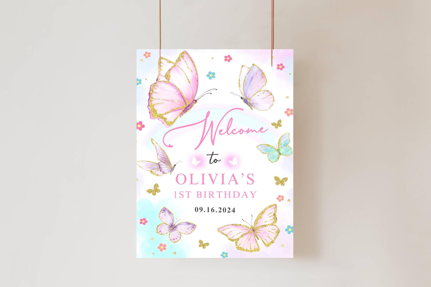 Printed Butterfly 1st Birthday Welcome Sign Foam Board Party Decor, Pink Purple Gold Glitter, Girl First Birthday Poster, Custom Welcome Art