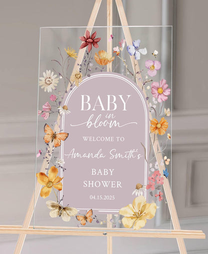 Baby in Bloom Acrylic Baby Shower Sign – Personalized Floral Welcome Sign for Spring Baby Shower, Custom Event Decor