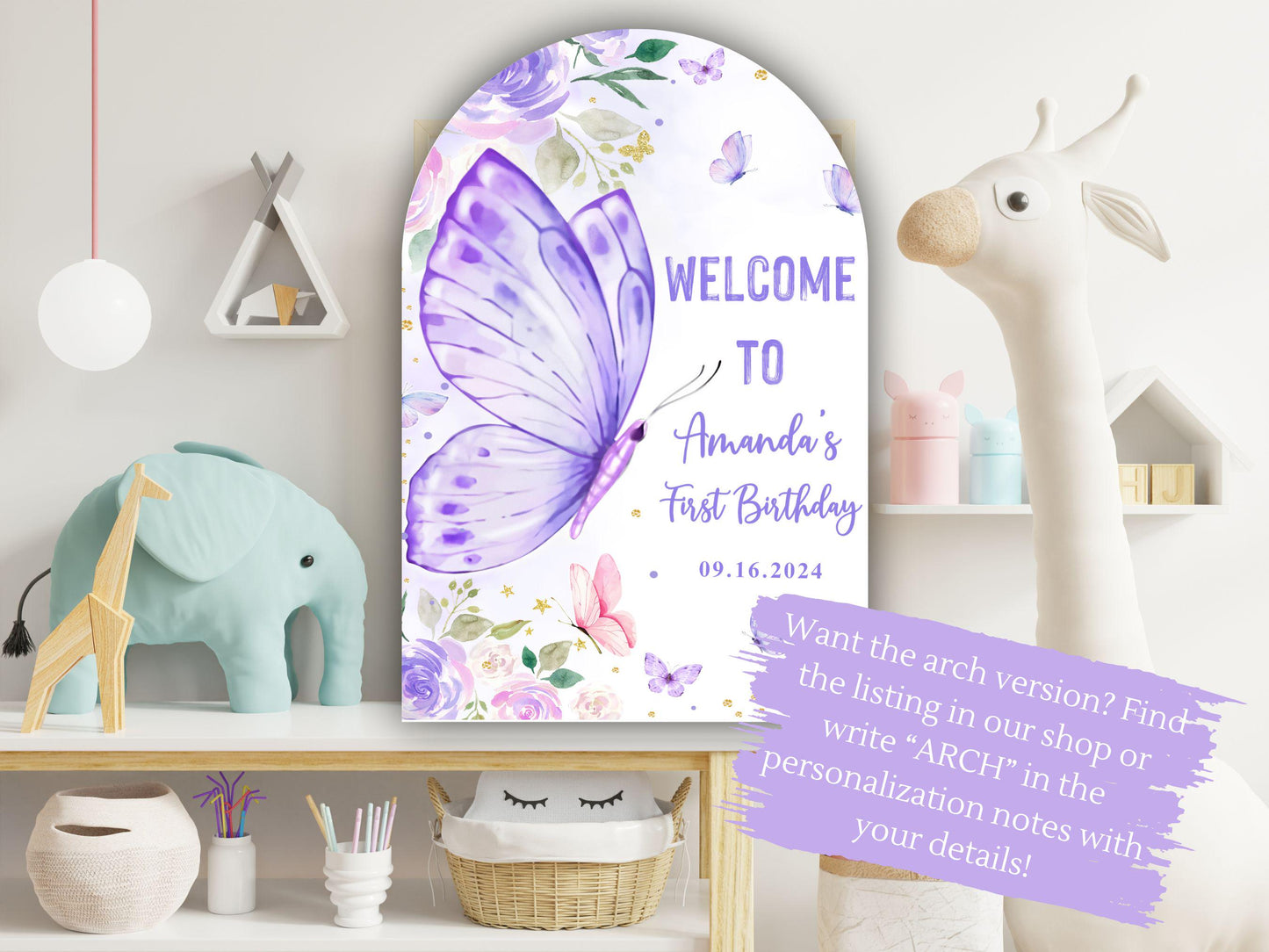 Printed Butterfly First Birthday Sign Foam Board, Purple Floral Welcome Poster, Custom Girl Party Decor, Whimsical Garden Theme Display