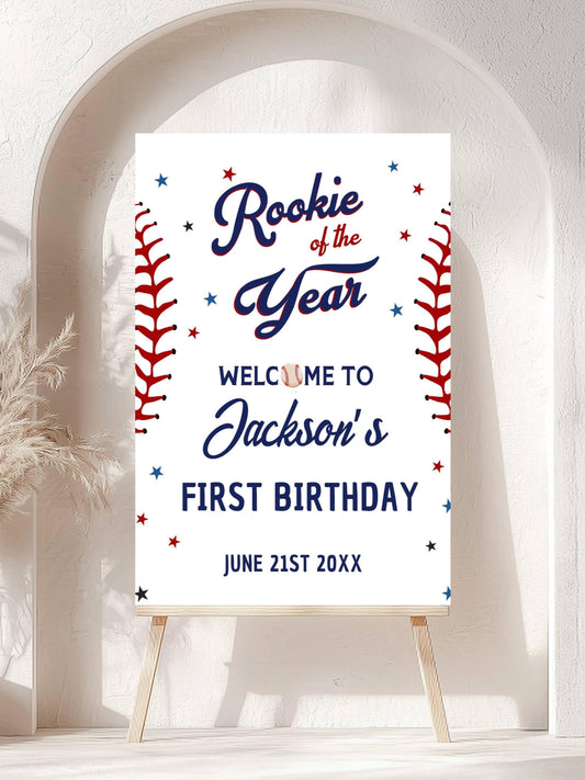 Printed Baseball Rookie of the Year 1st Birthday Welcome Sign, Custom Foam Board Birthday Decor, Boy First Birthday Sports Theme Custom Sign