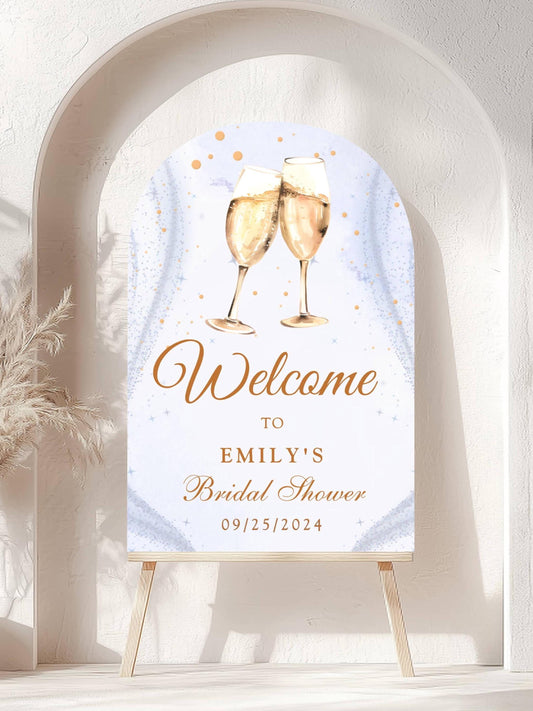 Printed Arch Champagne Toast Bridal Shower Welcome Sign with Sparkle Background, Custom Name Foam Board, Personalized Elegant Gold Decor