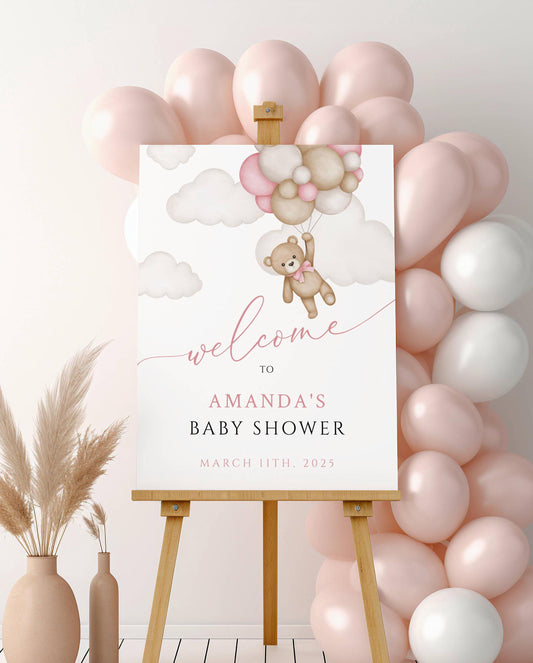 Baby Shower We Can Bearly Wait Baby Girl Foam Welcome Sign, Baby Balloon Bear, Printed Foam Board