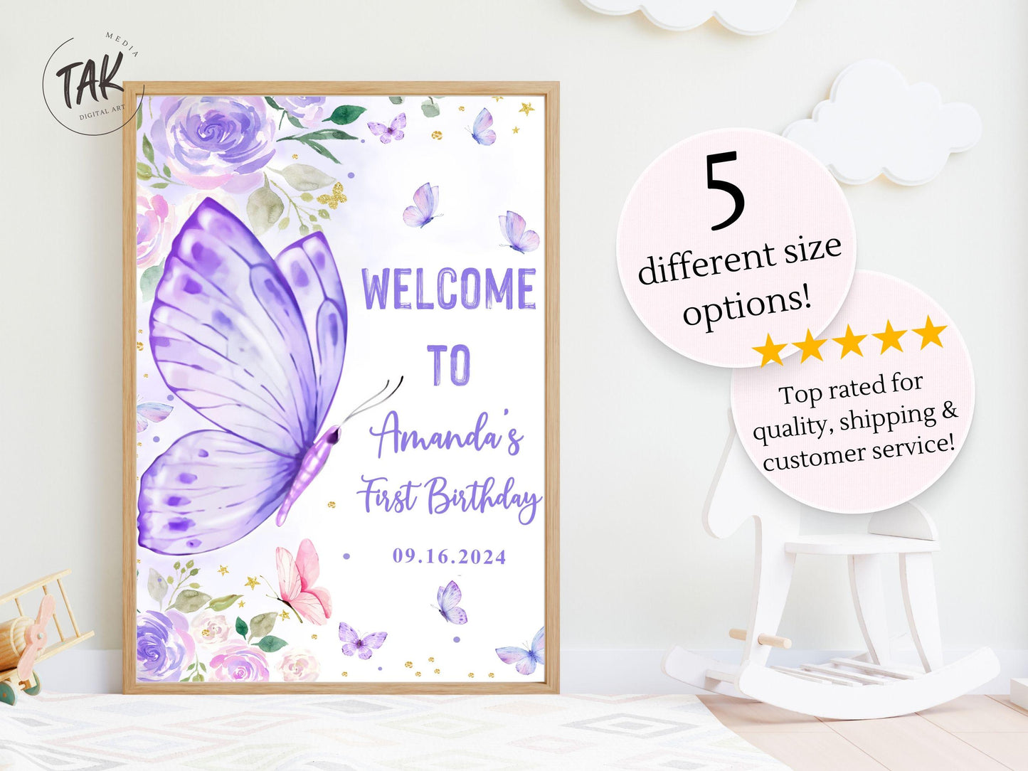 Printed Butterfly First Birthday Sign Foam Board, Purple Floral Welcome Poster, Custom Girl Party Decor, Whimsical Garden Theme Display