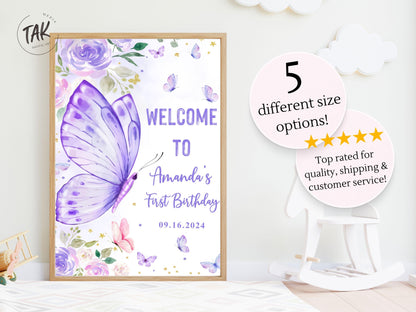 Printed Butterfly First Birthday Sign Foam Board, Purple Floral Welcome Poster, Custom Girl Party Decor, Whimsical Garden Theme Display
