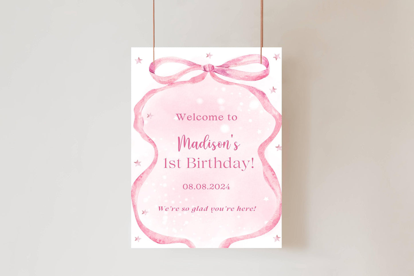 Printed Pink Ribbon 1st Birthday Foam Board Welcome Sign, Girl Party Foam Board, Floral Bow Theme, Personalized Name Poster Birthday Decor