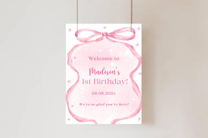 Printed Pink Ribbon 1st Birthday Foam Board Welcome Sign, Girl Party Foam Board, Floral Bow Theme, Personalized Name Poster Birthday Decor