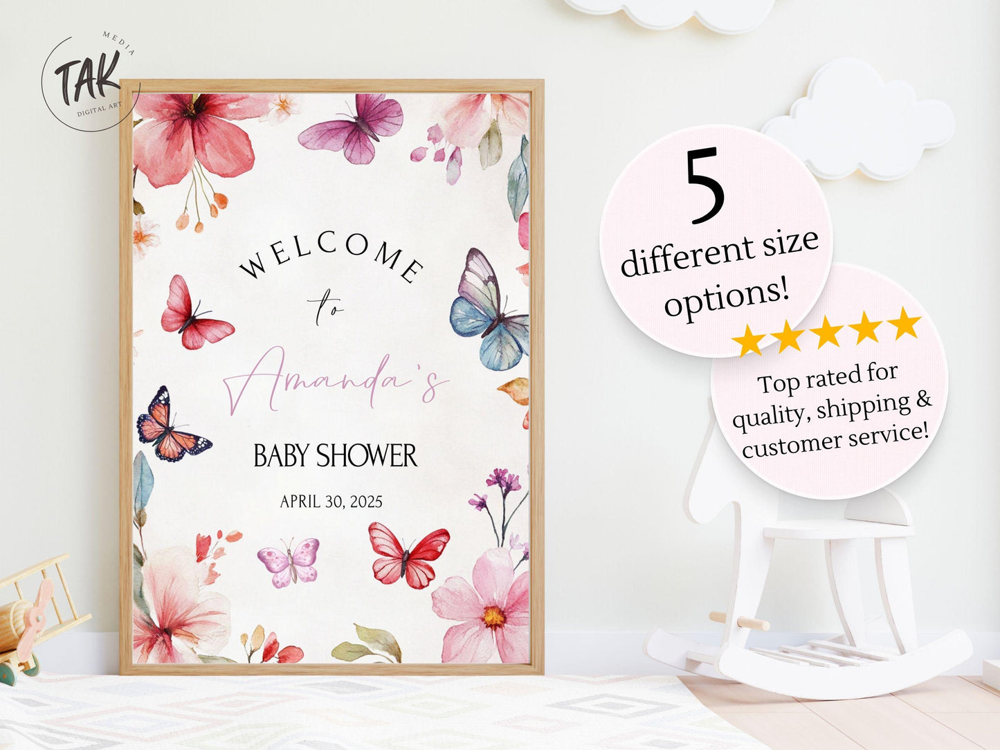 Butterfly Floral Baby Shower Welcome Sign, Floral Shower Welcome, Custom Printed Gender Neutral Custom Foam Board