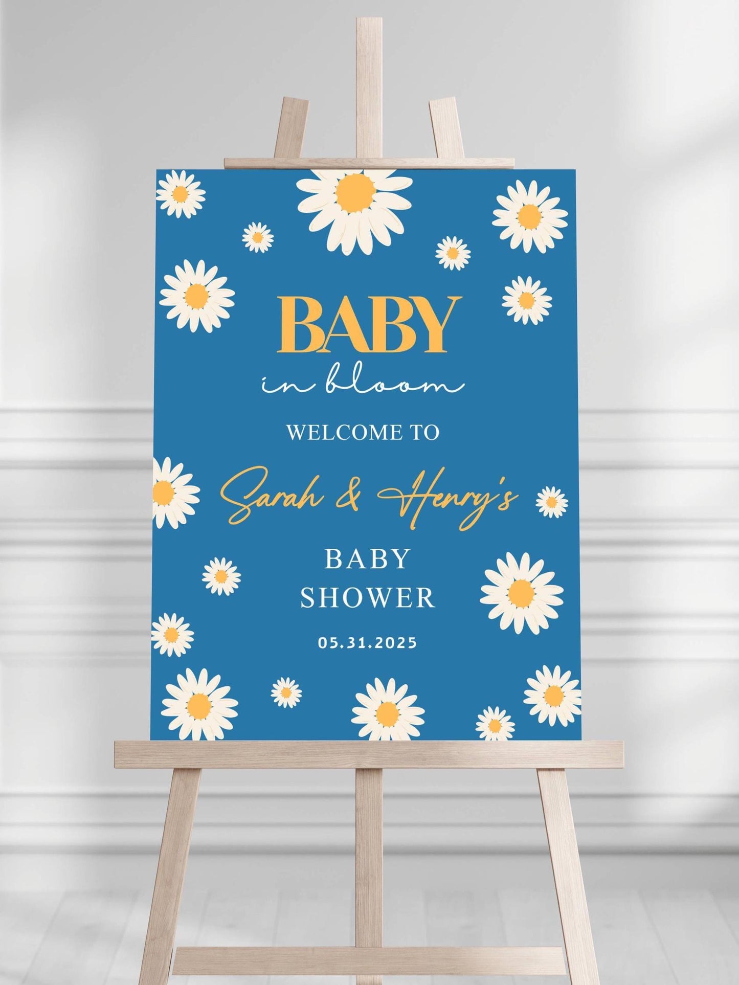 Printed Baby in Bloom Baby Shower Welcome Sign, Blue Floral Shower Welcome, Custom Printed Boy Custom Daisy Foam Board Party Welcome
