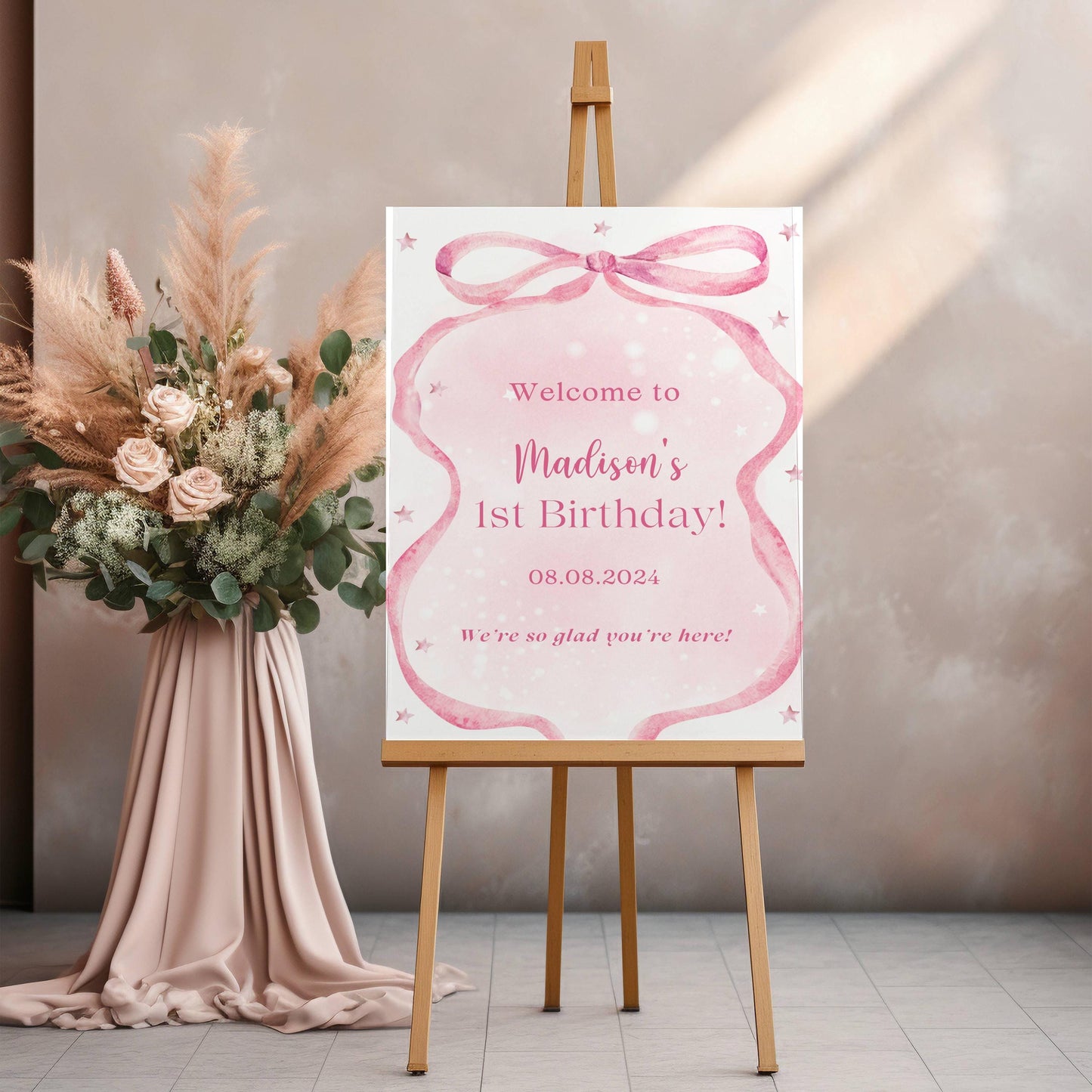 Printed Pink Ribbon 1st Birthday Foam Board Welcome Sign, Girl Party Foam Board, Floral Bow Theme, Personalized Name Poster Birthday Decor