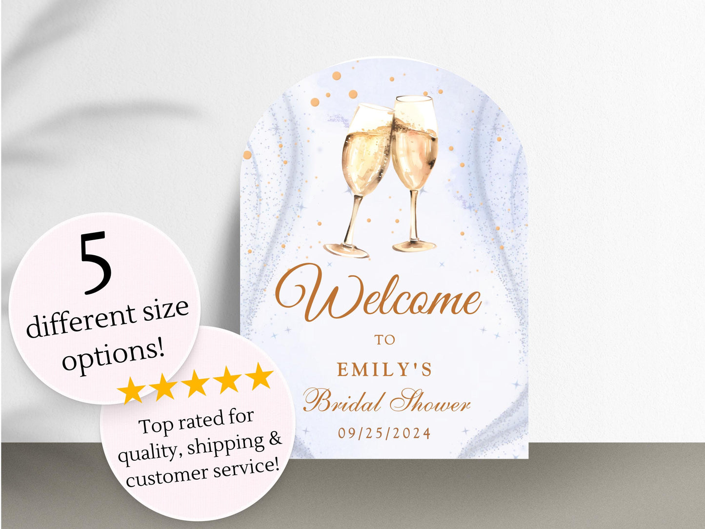 Printed Arch Champagne Toast Bridal Shower Welcome Sign with Sparkle Background, Custom Name Foam Board, Personalized Elegant Gold Decor