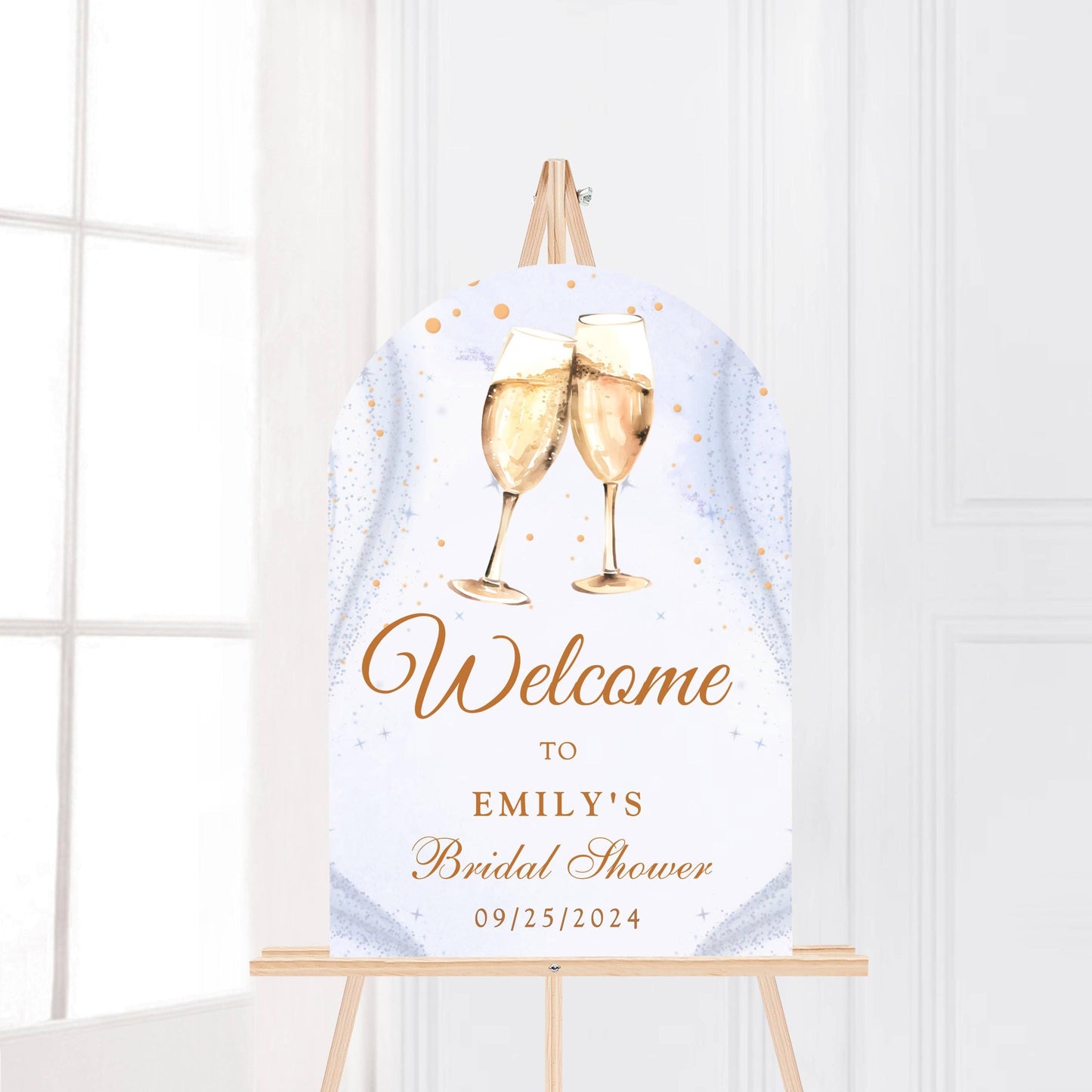 Printed Arch Champagne Toast Bridal Shower Welcome Sign with Sparkle Background, Custom Name Foam Board, Personalized Elegant Gold Decor