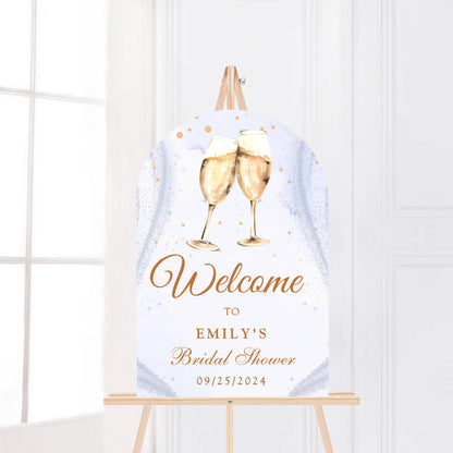 Printed Arch Champagne Toast Bridal Shower Welcome Sign with Sparkle Background, Custom Name Foam Board, Personalized Elegant Gold Decor