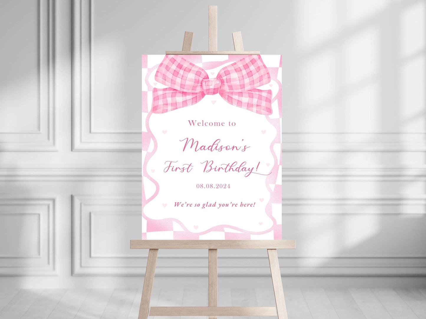 Printed Pink Ribbon 1st Birthday Foam Board Welcome Sign, Girl Party Foam Board, Floral Bow Theme, Personalized Name Poster Birthday Decor