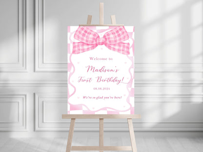 Printed Pink Ribbon 1st Birthday Foam Board Welcome Sign, Girl Party Foam Board, Floral Bow Theme, Personalized Name Poster Birthday Decor