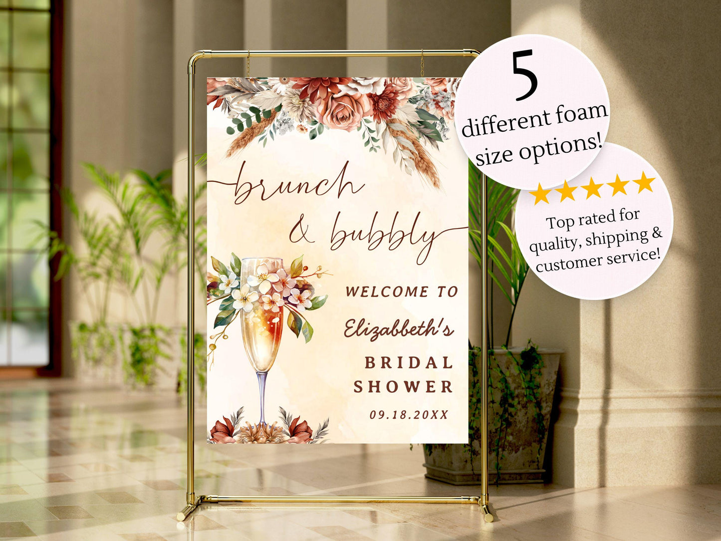 Printed Brunch and Bubbly Bridal Shower Welcome Sign with Fall Florals, Custom Name Champagne Poster, Personalized Foam Board Bridal Decor