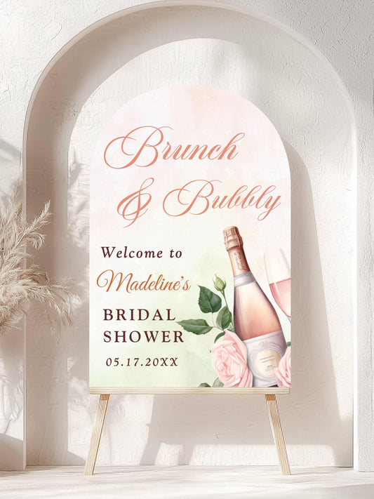 Printed Arch Brunch and Bubbly Bridal Shower Welcome Sign with Rose Champagne, Custom Foam Board, Elegant Pink Green Bridal Brunch Decor