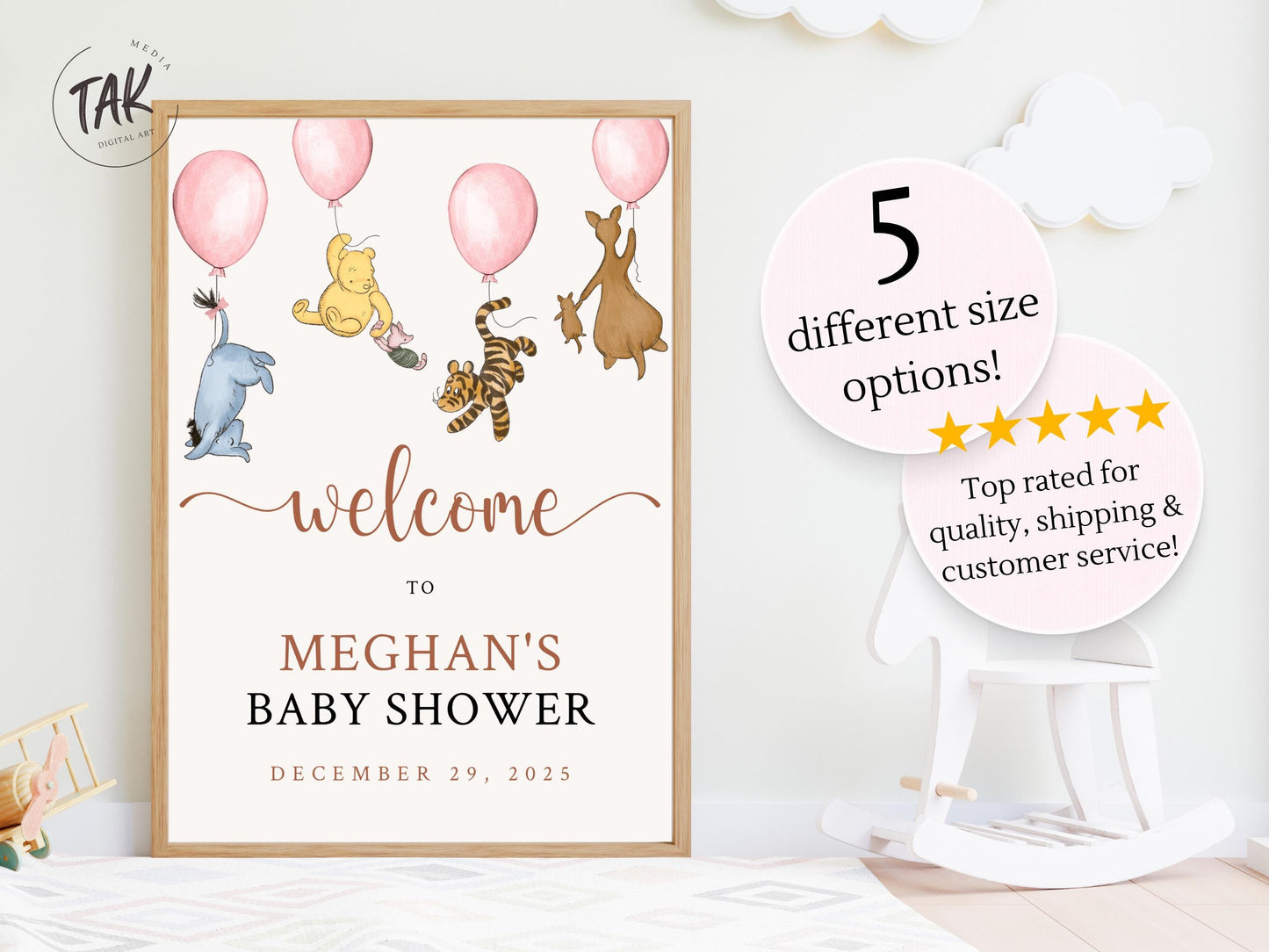 Printed Winnie The Pooh Baby Shower Welcome Sign, Pooh Baby Shower Welcome, Custom Printed Baby Girl Winnie The Pooh Foam Board Welcome Sign