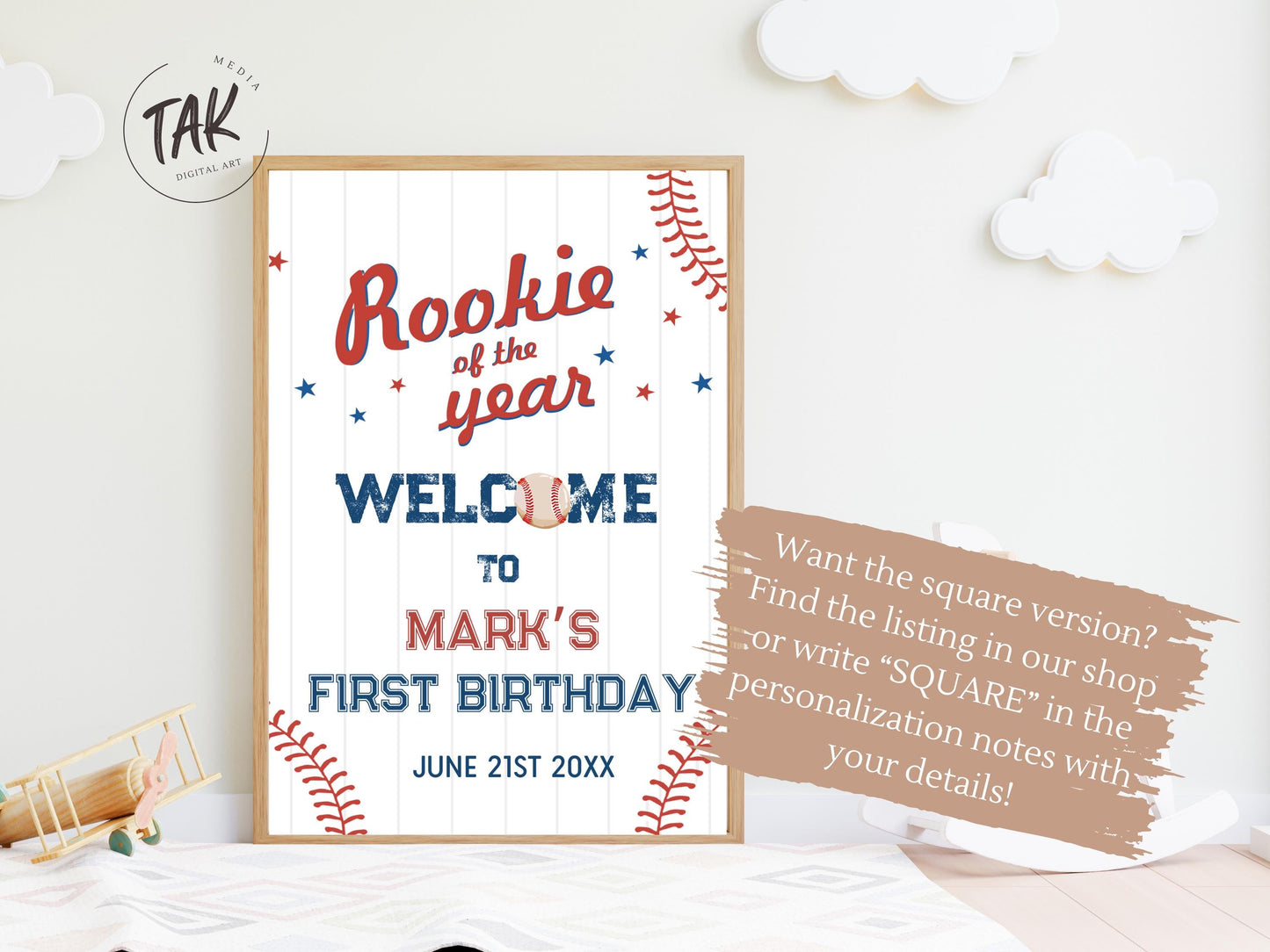 Printed Arch Baseball Rookie of the Year 1st Birthday Welcome Sign, Custom Foam Board Birthday Decor, Boy First Birthday Sports Theme Custom